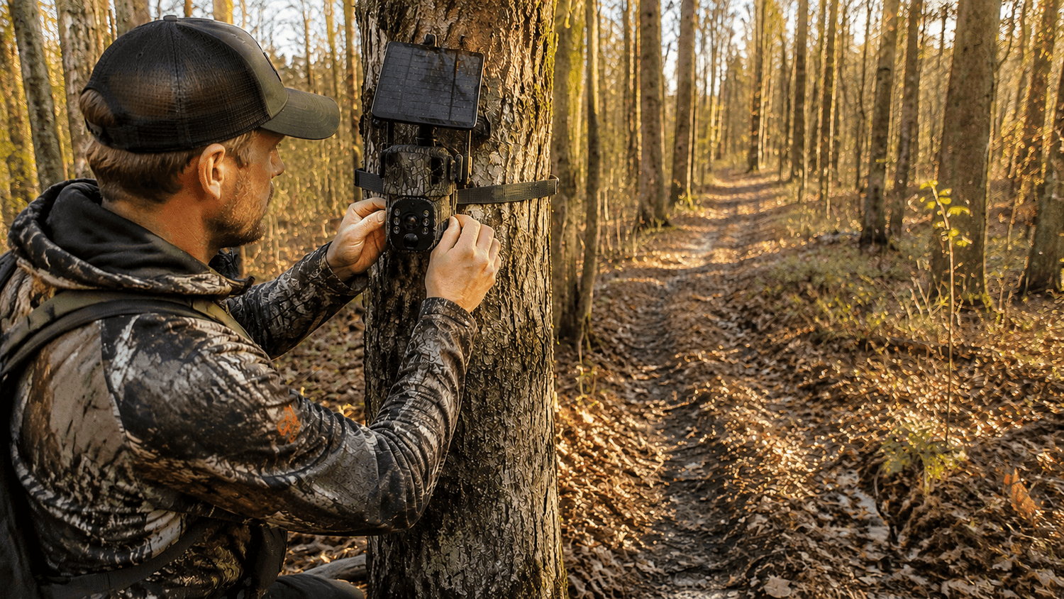 Hunter installing a trail camera on a deer trail during golden hour in a mature hardwood forest