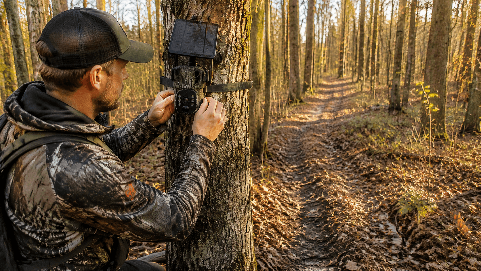 Hunter installing a trail camera on a deer trail during golden hour in a mature hardwood forest
