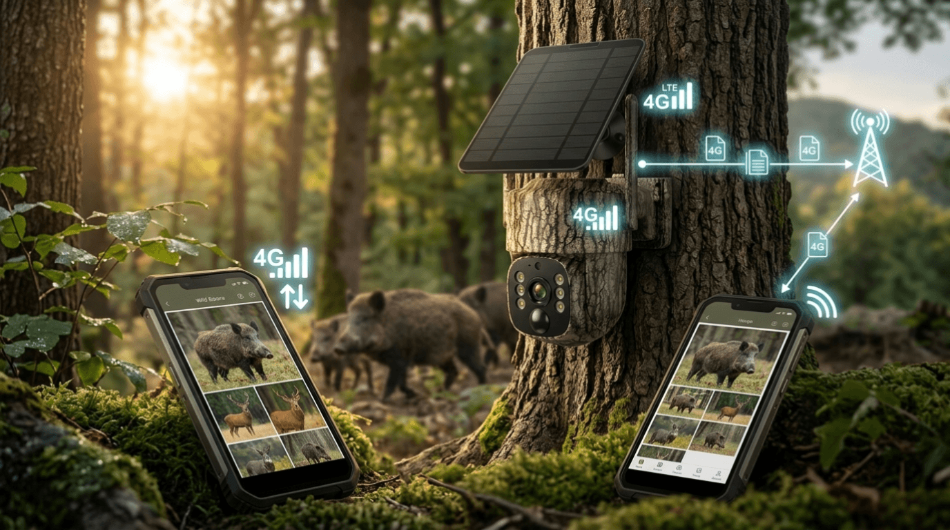Cellular trail camera in forest capturing wildlife with 4G signal connection