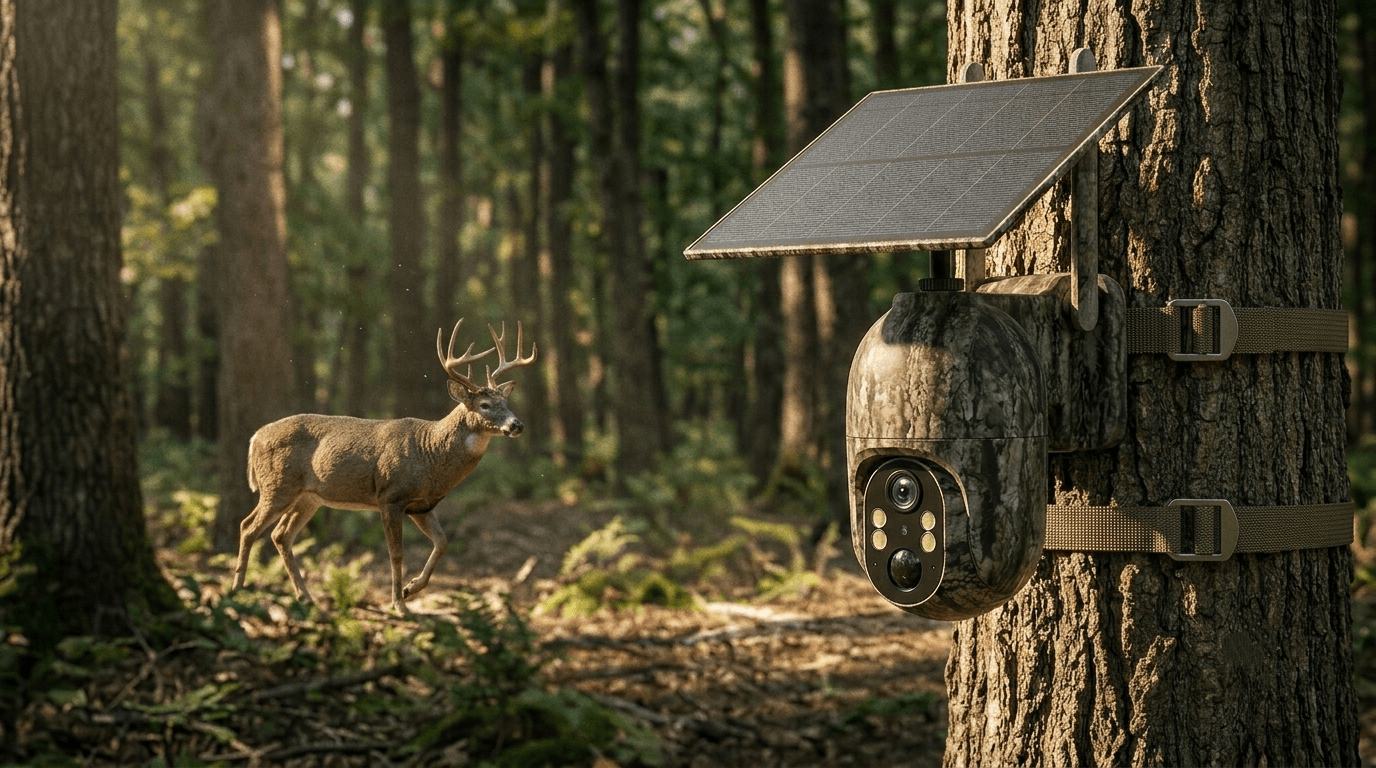 Realistic cellular trail camera mounted on tree capturing deer in forest during golden hour