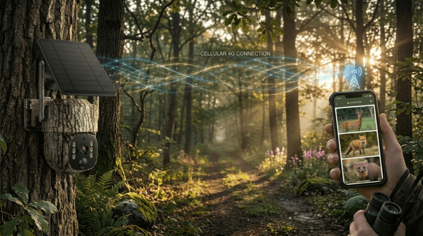 Cellular trail camera in forest capturing wildlife with 4G connection in 2026