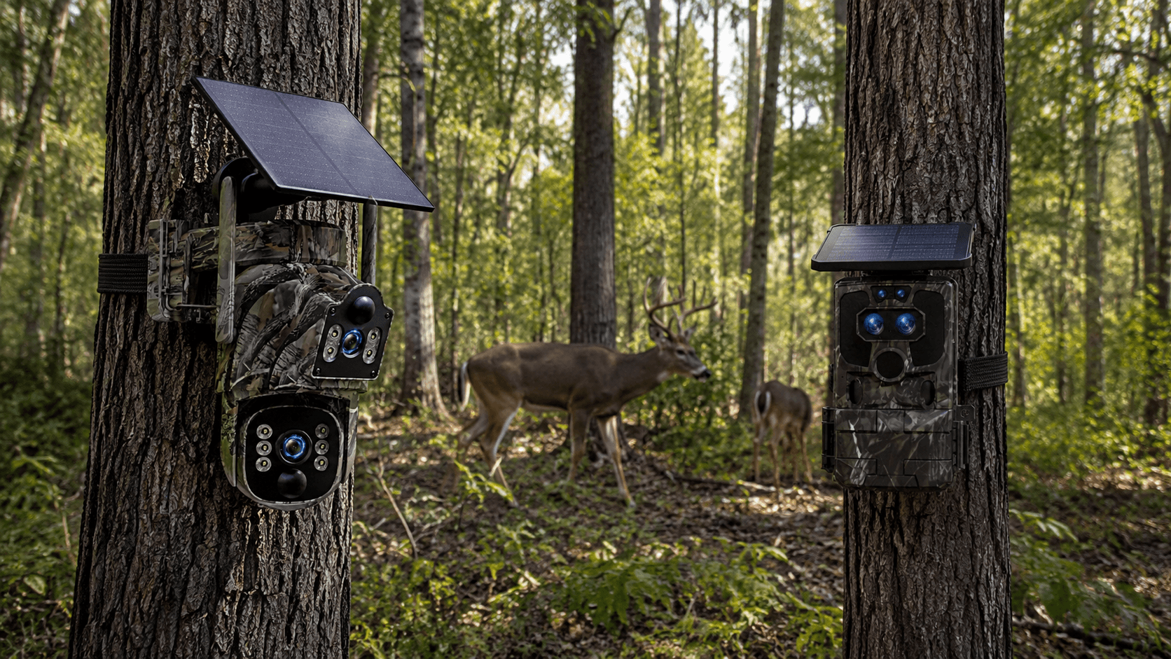 Cellular trail camera and WiFi trail camera mounted on trees in a realistic forest