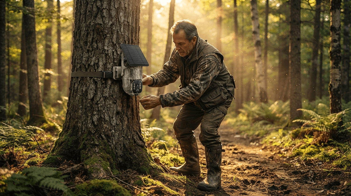 Hunter installing a Voopeak trail camera beside a deer trail in a forest