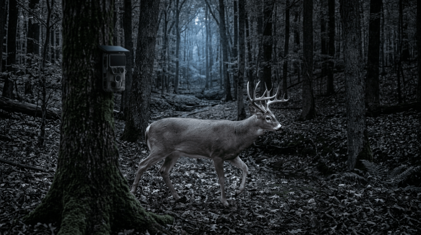 Night vision trail camera capturing deer in a dark forest at night
