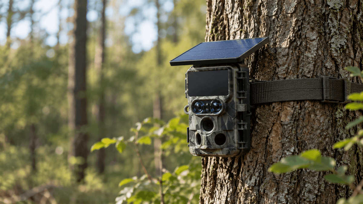A trail camera mounted securely on a tree in a wooded wildlife habitat.