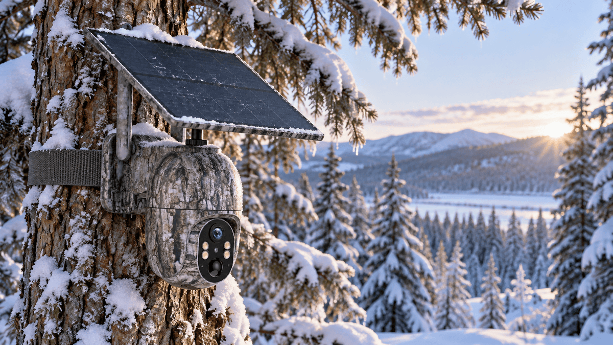 Voopeak trail camera mounted on a snow-covered tree in a winter forest