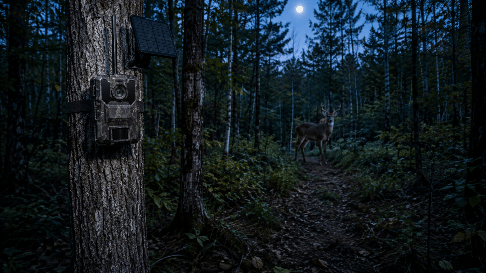 Trail camera night vision comparison showing infrared and no glow technology in a nighttime forest