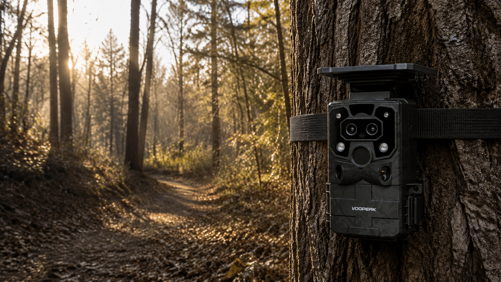Voopeak trail camera mounted on a tree during wildlife monitoring in a forest