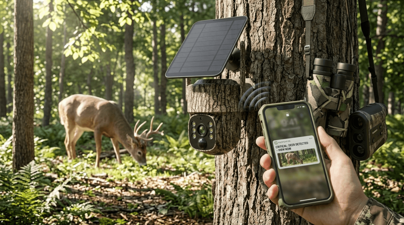 Hunter receiving instant wildlife photo alerts from a Voopeak cellular trail camera on smartphone