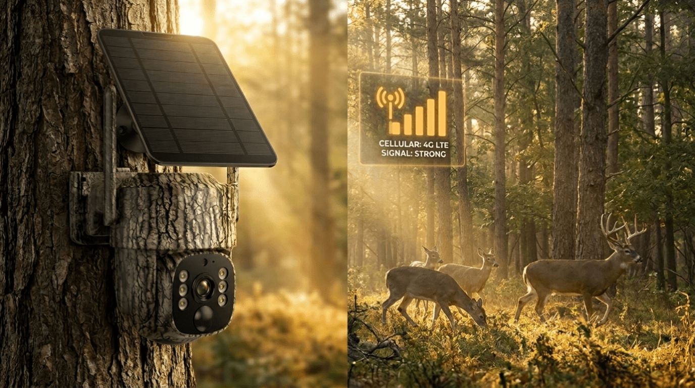 Voopeak trail camera mounted on a tree in a forest showing WiFi and cellular connection comparison