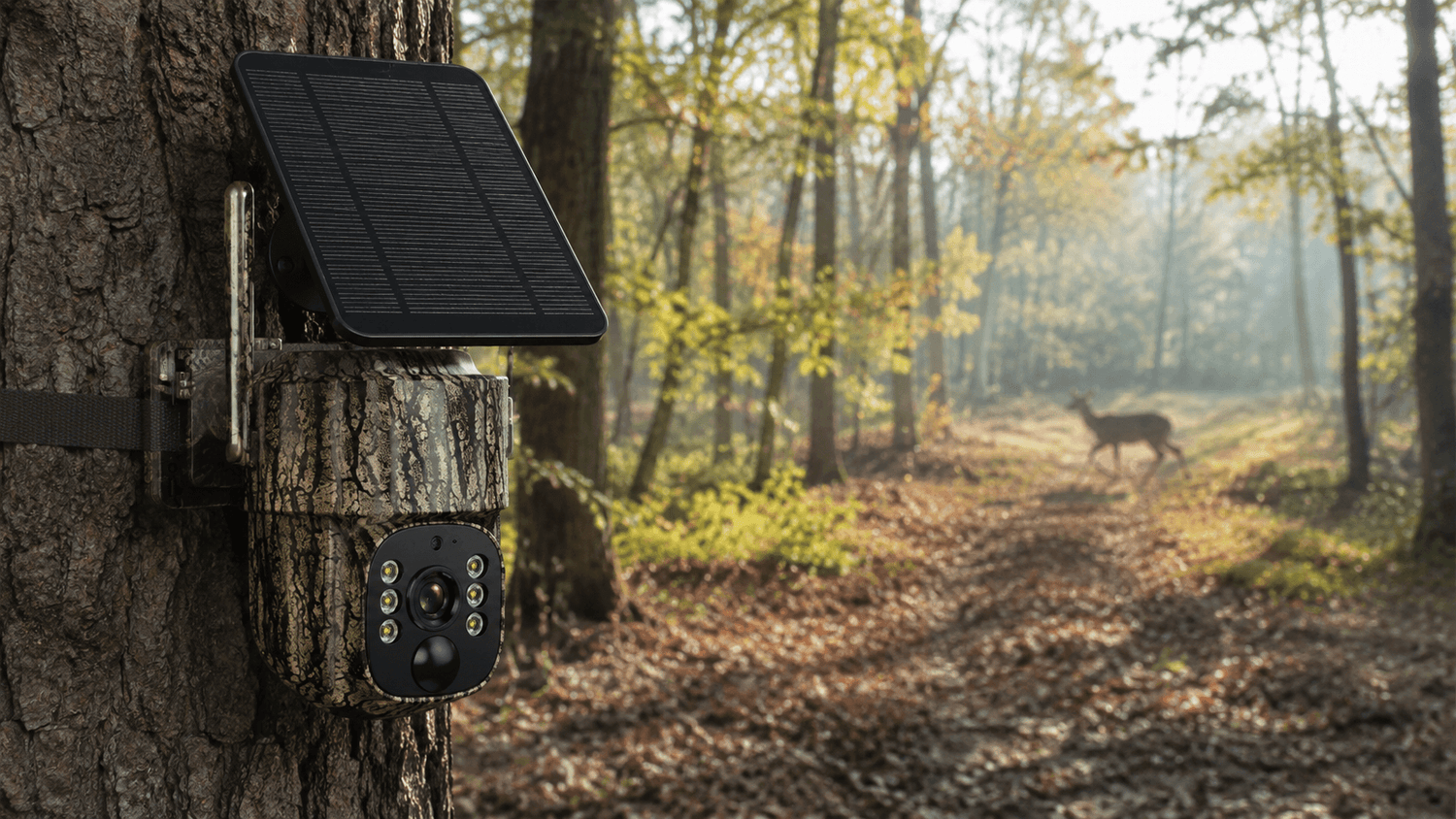 Voopeak trail camera monitoring wildlife in a forest during sunrise