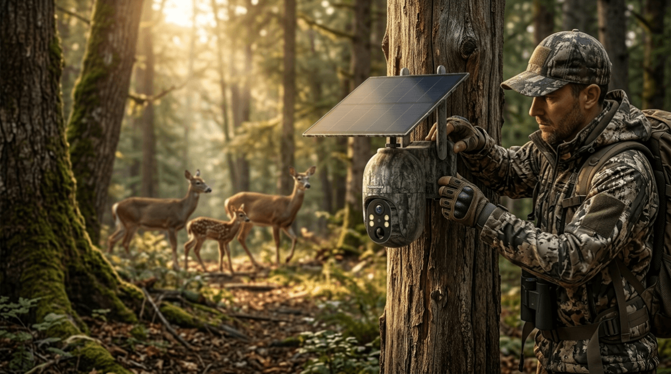 Hunter setting up a Voopeak trail camera in a forest for wildlife monitoring