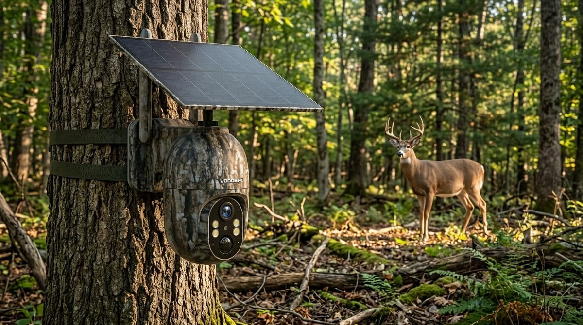 Voopeak trail camera mounted on a tree in a woodland habitat with a deer in the background