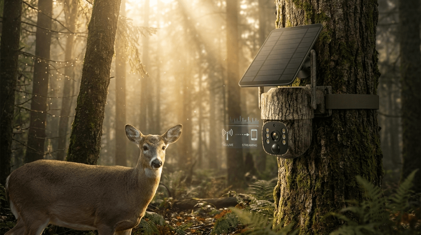 A cinematic 4G cellular trail camera in forest capturing wildlife at sunrise with real-time monitoring technology