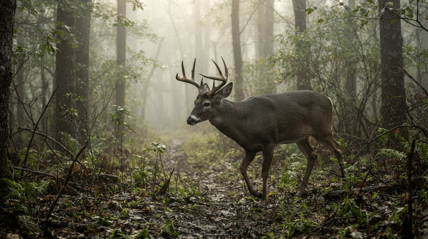 Hunter reviewing trail camera photos of a mature buck in a forest during deer season