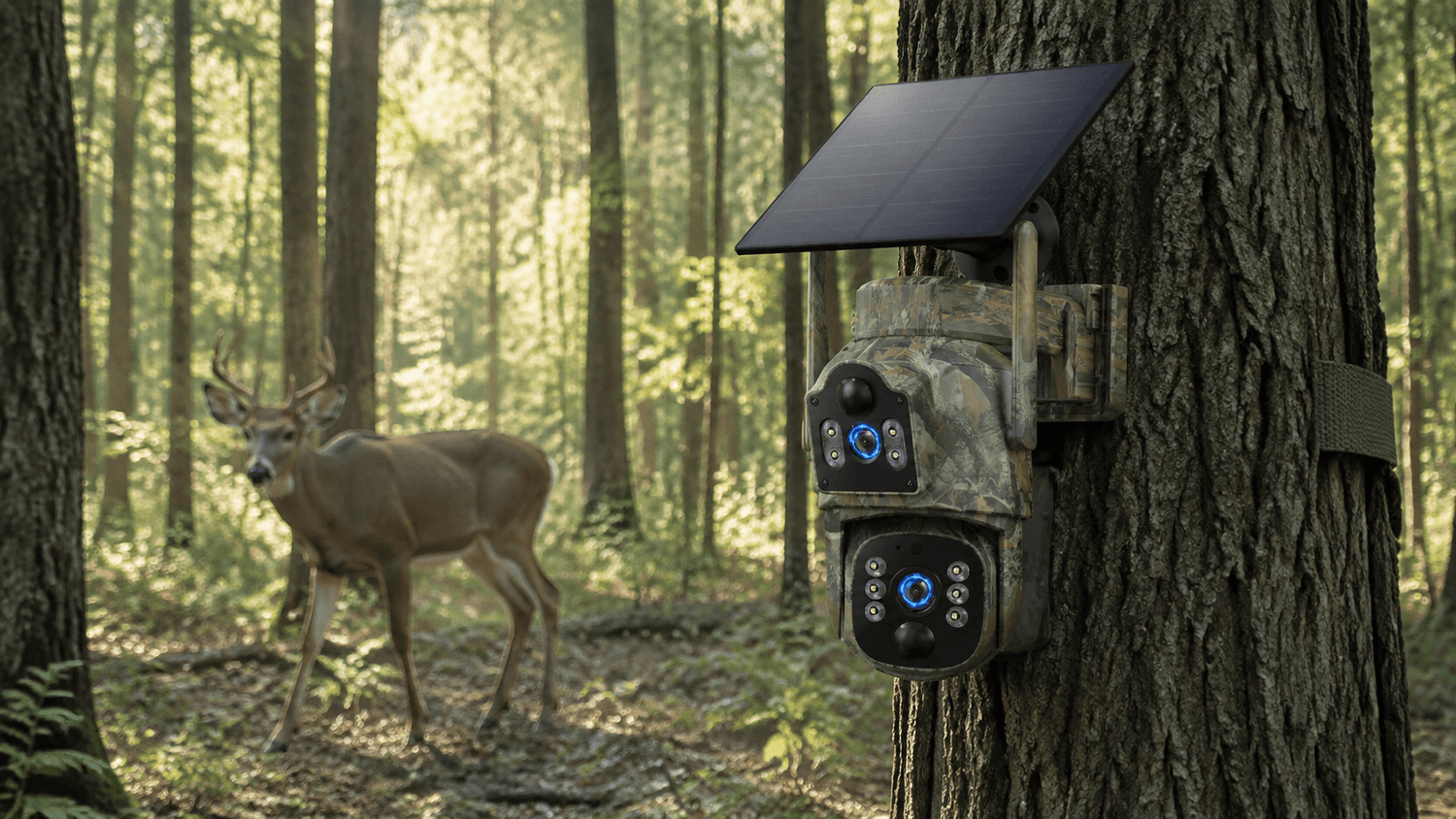 Trail camera installed in a forest capturing wildlife movement with infrared technology