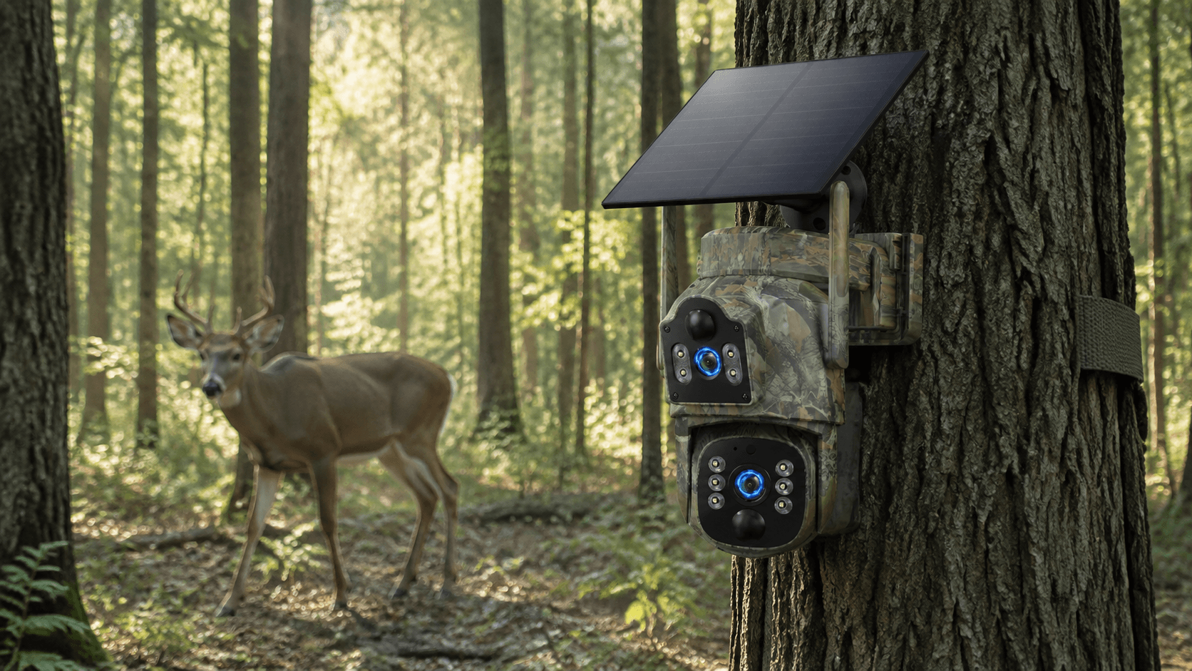 Trail camera installed in a forest capturing wildlife movement with infrared technology