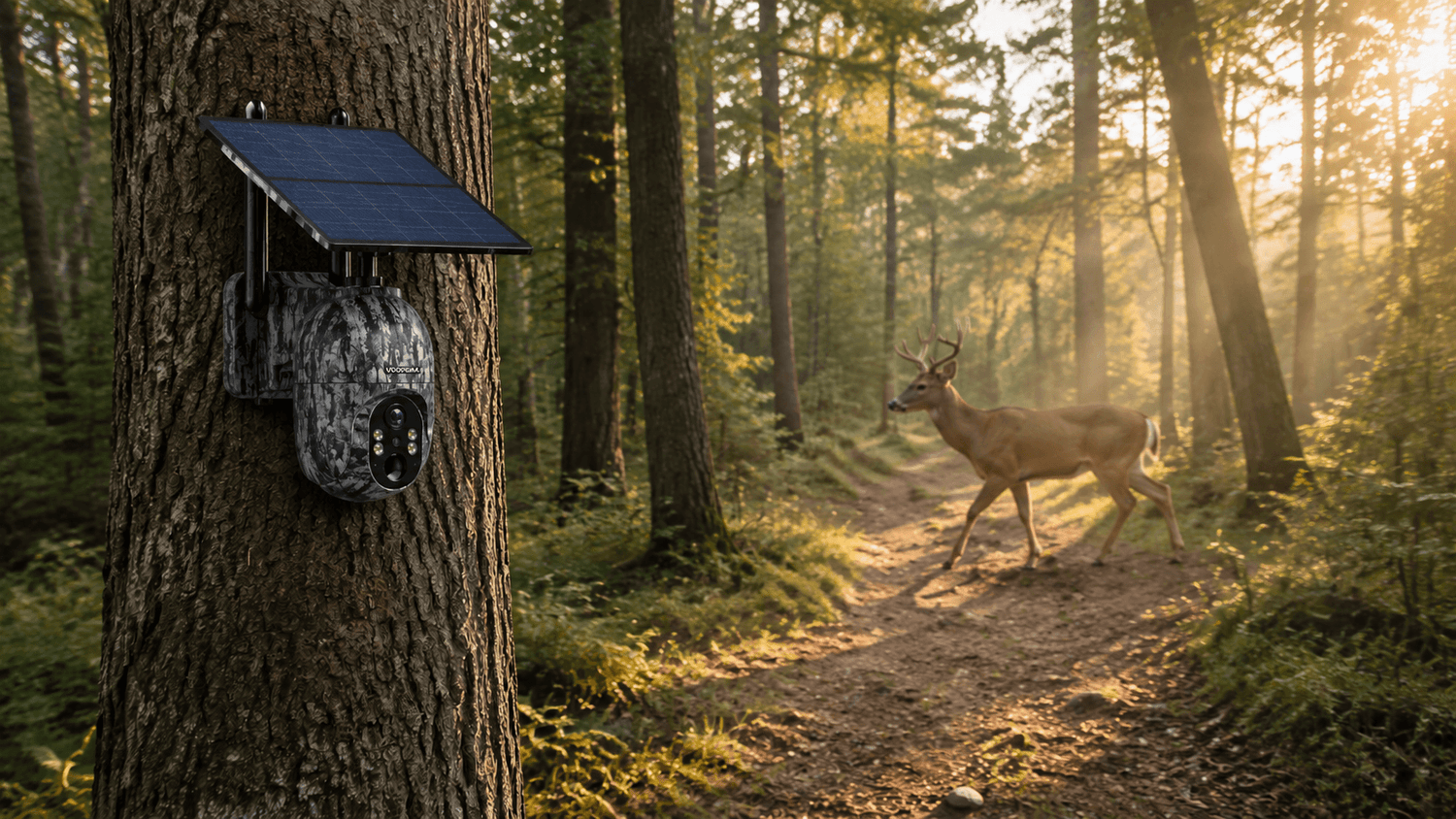 Voopeak TC27 solar 4G trail camera detecting a deer at 12 meters in a forest