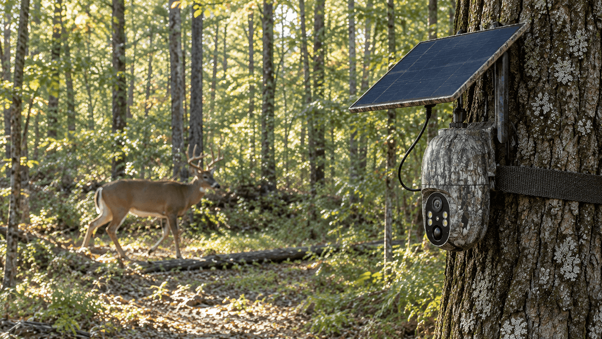 Voopeak solar trail camera mounted on a tree overlooking a deer trail