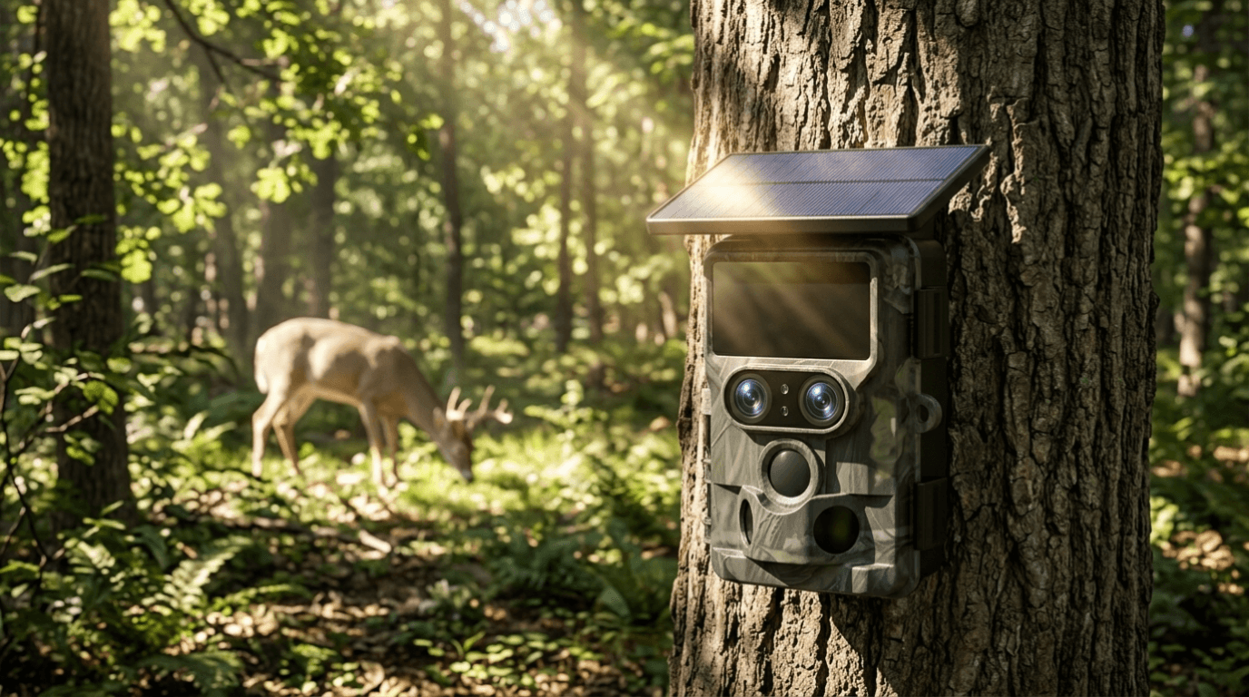 solar powered trail camera mounted in forest capturing wildlife