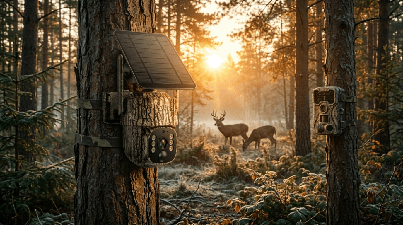 Solar trail camera and battery-powered hunting camera mounted on trees during deer hunting season