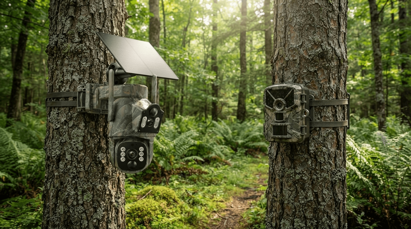 Solar trail camera with solar panel and battery trail camera mounted on trees in a realistic forest environment showing the difference between two power solutions.