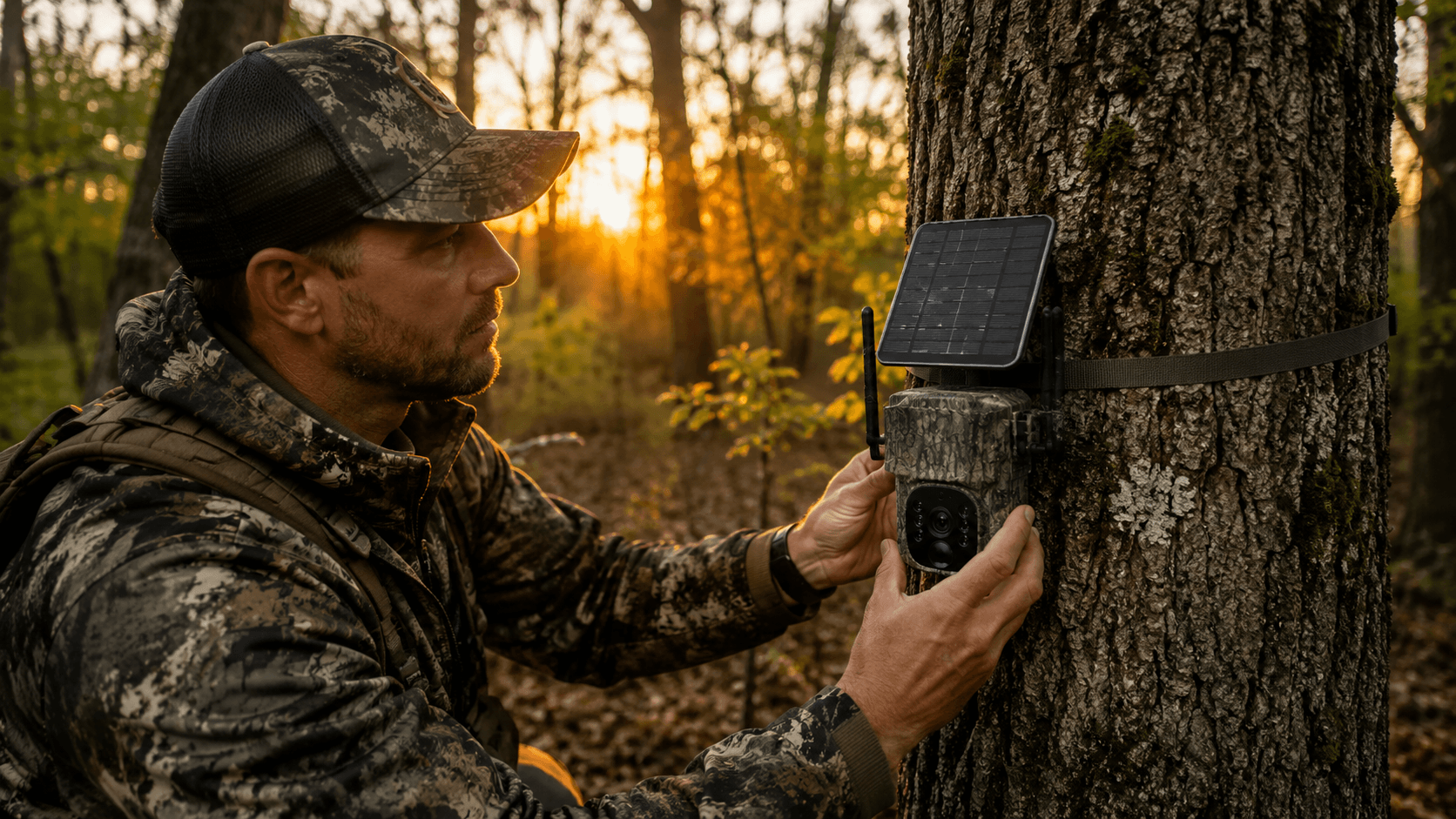 Hunter installing a Voopeak trail camera on a tree in a forest during sunrise