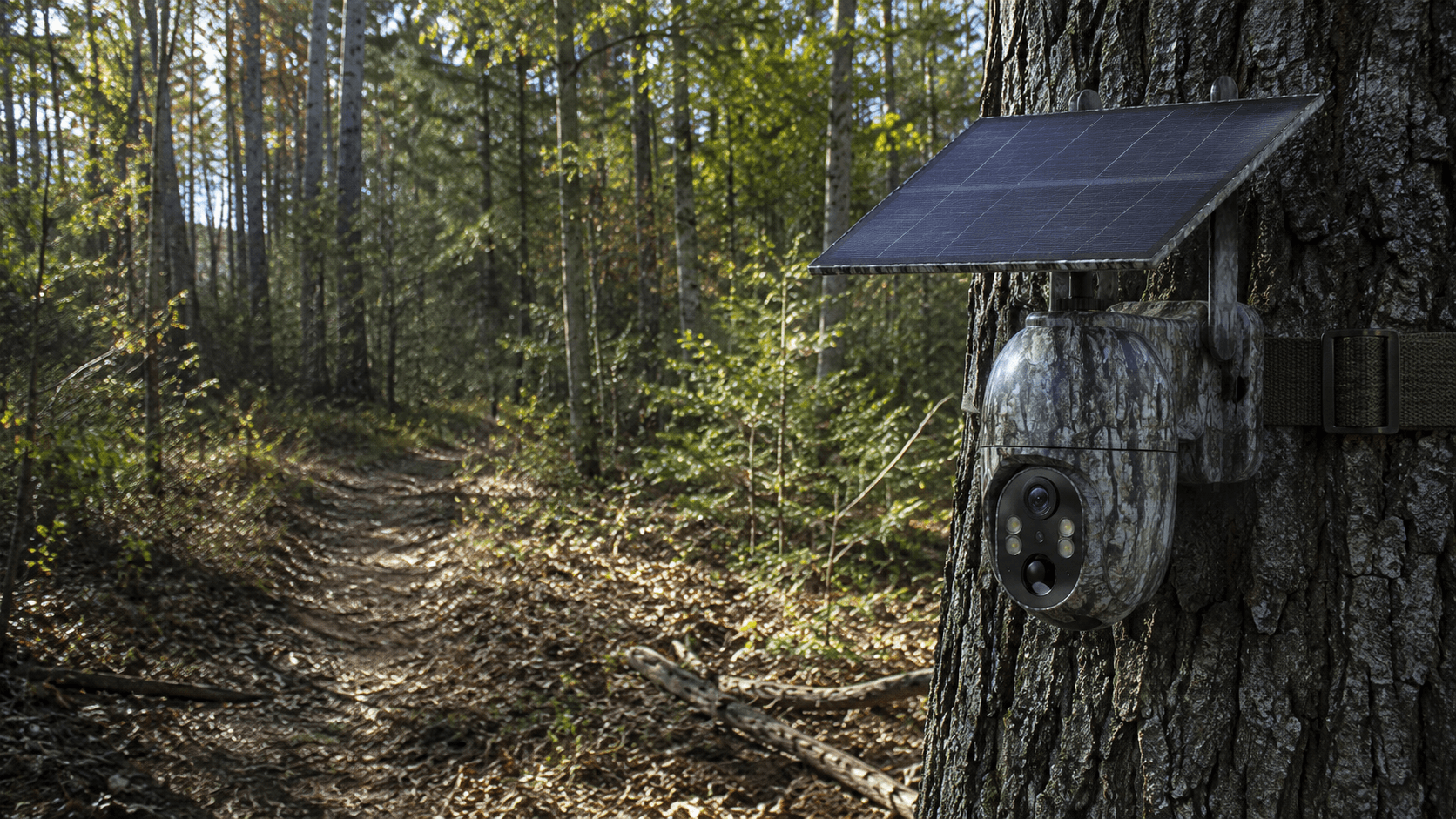 Trail camera mounted on a tree in a forest for wildlife monitoring and deer hunting