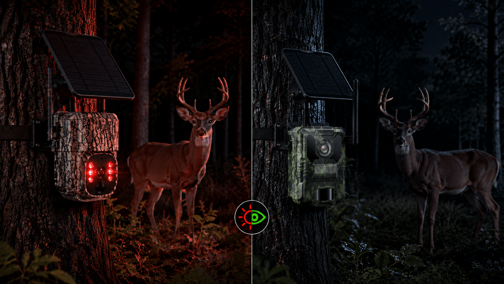 Ultra realistic trail camera night vision comparison showing infrared glow and no glow stealth technology in a forest at night with deer in the background