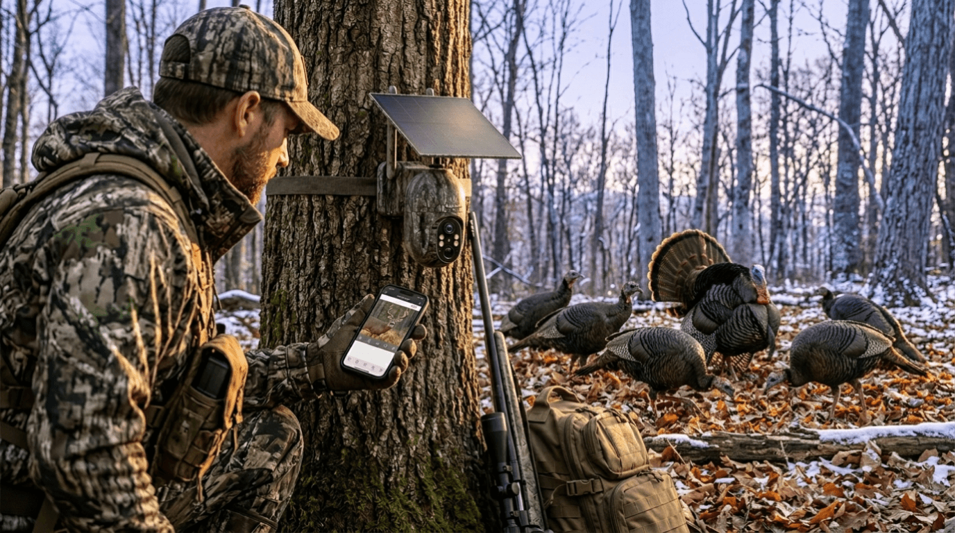 Hunter checking a trail camera installed in a forest for wildlife monitoring