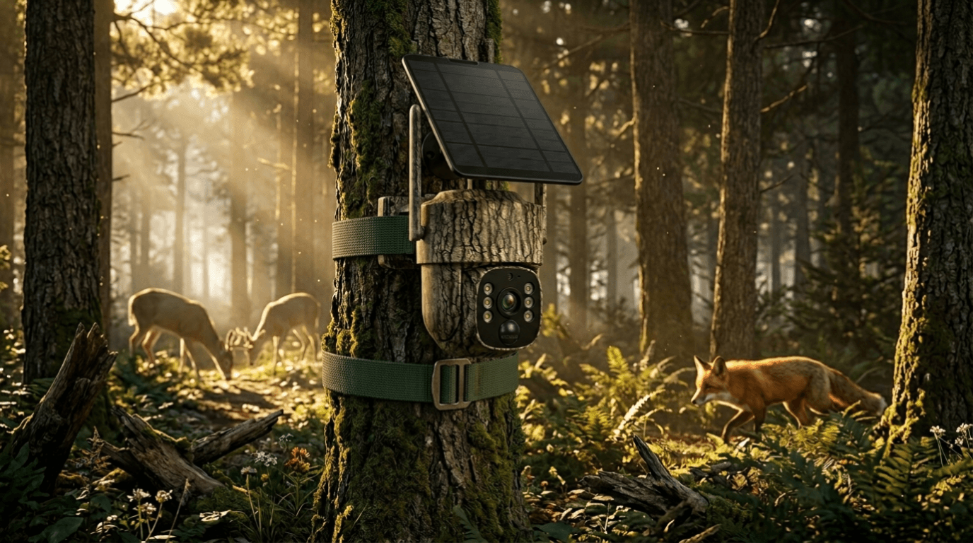 Voopeak trail camera monitoring wildlife in a forest during sunrise