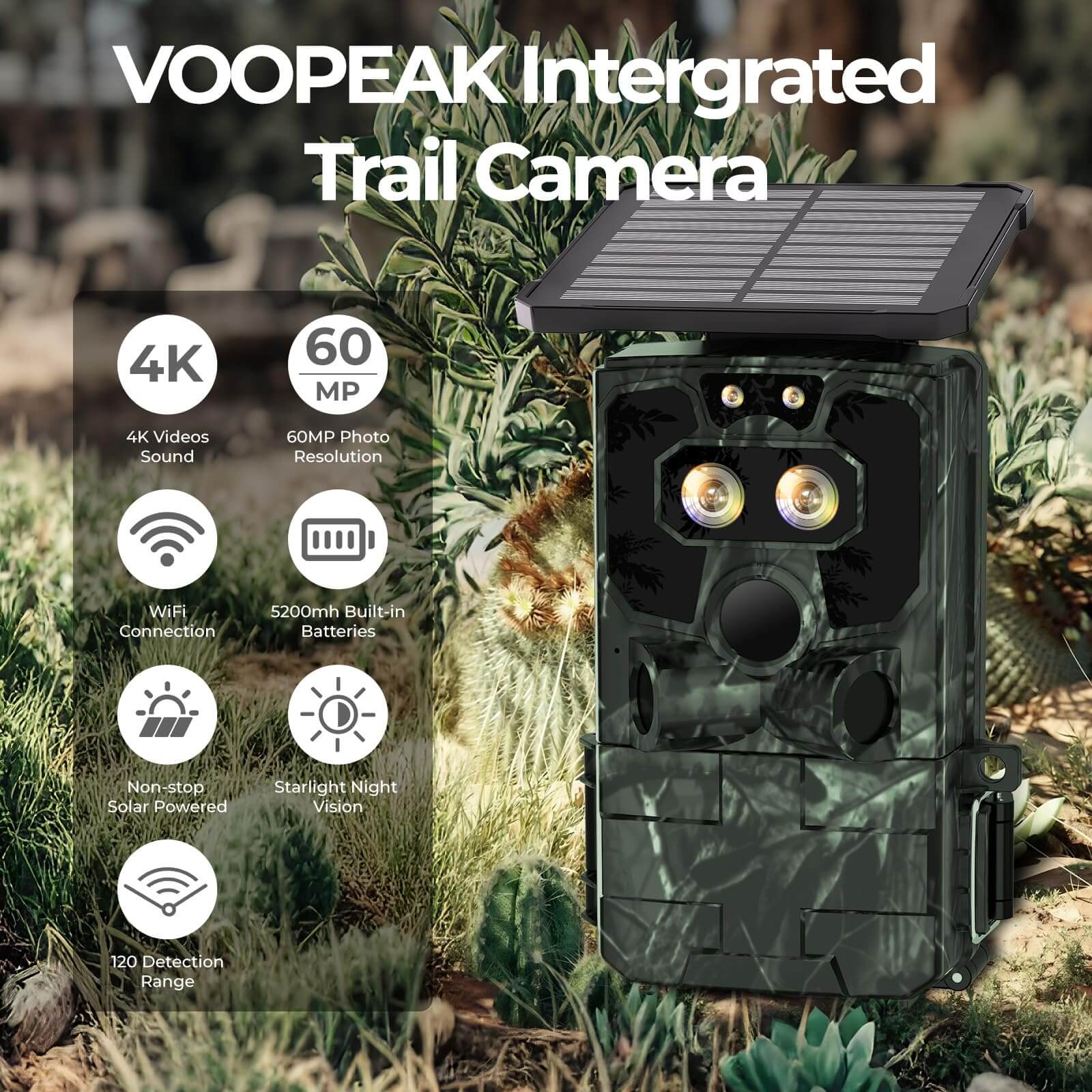 VOOPEAK TC37 4K 60MP High Resolution Solar Powered Wifi Trail Camera for Hunting and Wildlife Monitoring